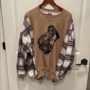 One of a kind Upcycled JCrew sweatshirt w flannel sleeves and pockets